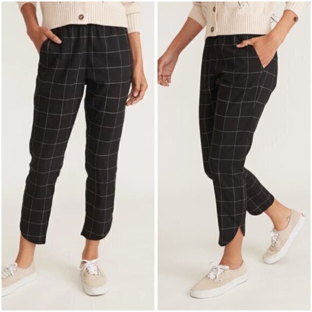 Marine Layer Women's Allison Tencel Pant in Black Windowpane Plaid Tulip Hem M